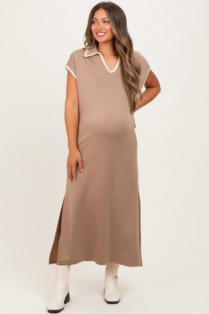 mocha collared stitch detail short sleeve maternity midi dress