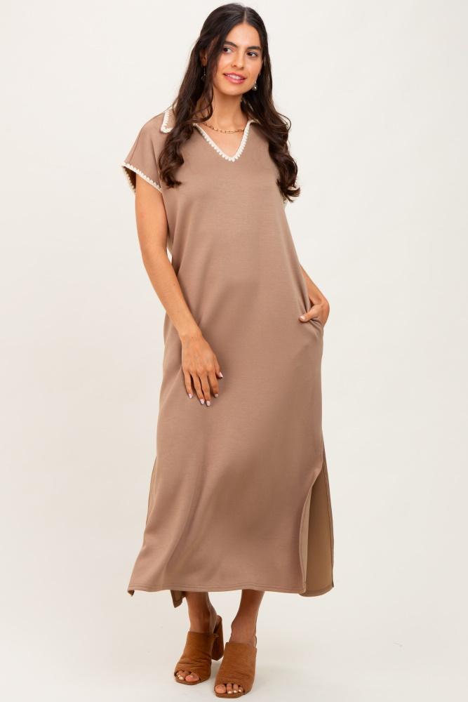 mocha collared stitch detail short sleeve midi dress