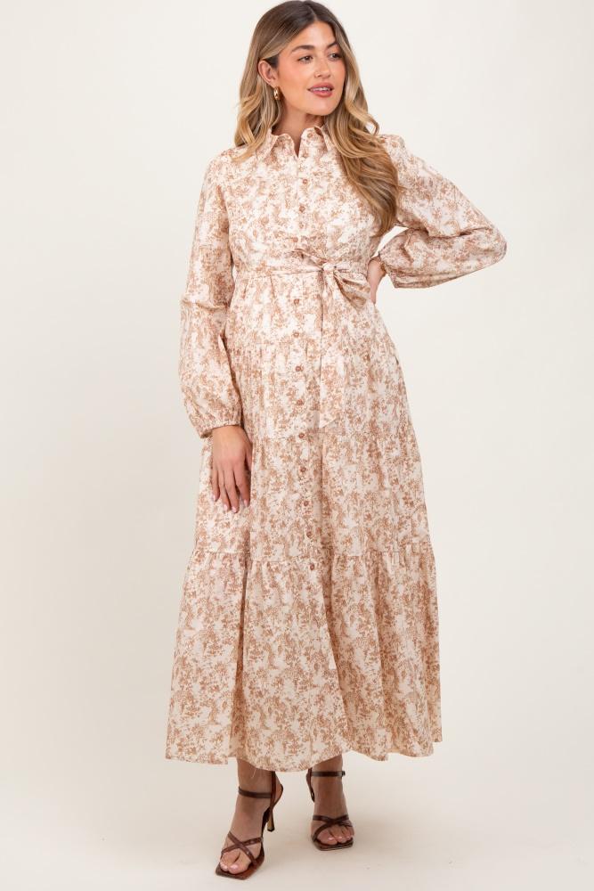 mocha cotton toile print button down maternity maxi dress