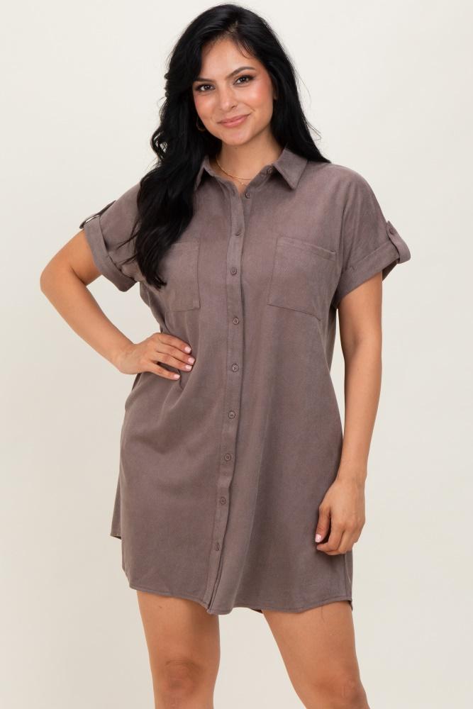 mocha faux suede button down shirt dress