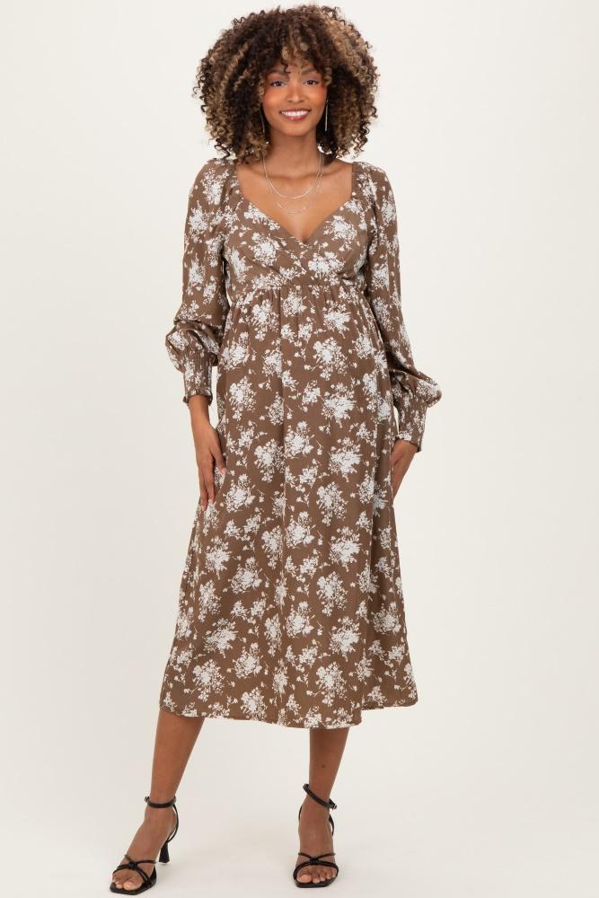 mocha floral crossover neckline maternity midi dress