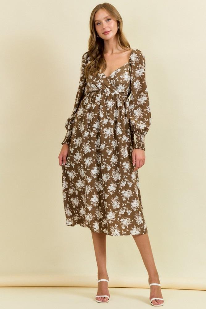 mocha floral crossover neckline midi dress
