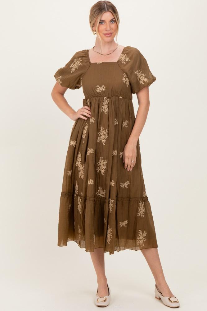 mocha floral embroidered puff sleeve midi dress