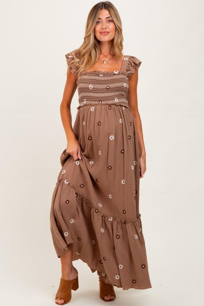 mocha floral embroidered smocked maternity maxi dress