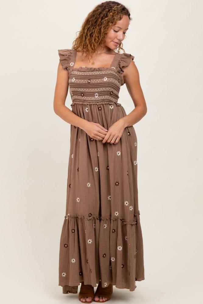 mocha floral embroidered smocked maxi dress