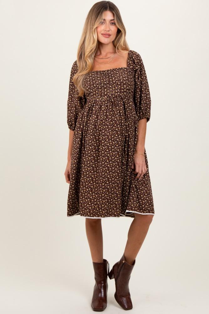 mocha floral pleated bodice lace trim maternity midi dress