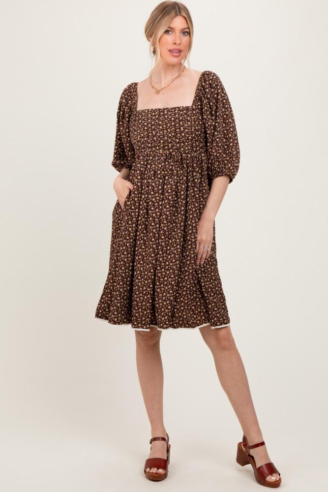 mocha floral pleated bodice lace trim midi dress