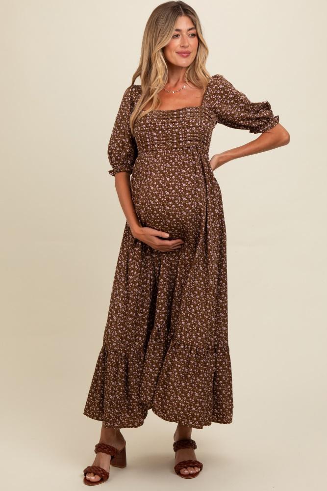 mocha floral pleated bodice maternity maxi dress
