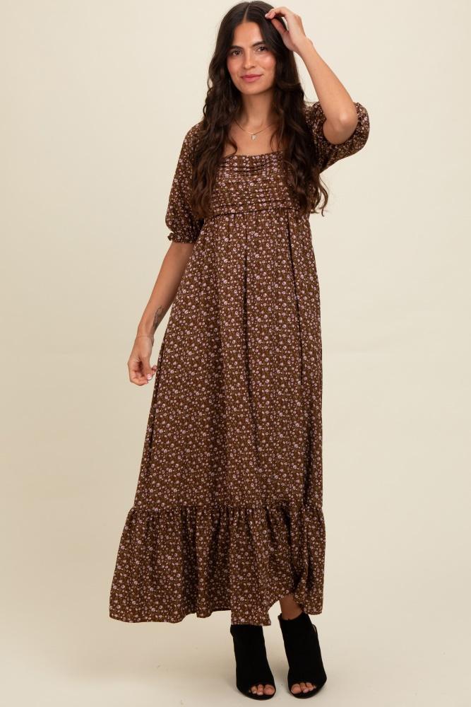 mocha floral pleated bodice maxi dress