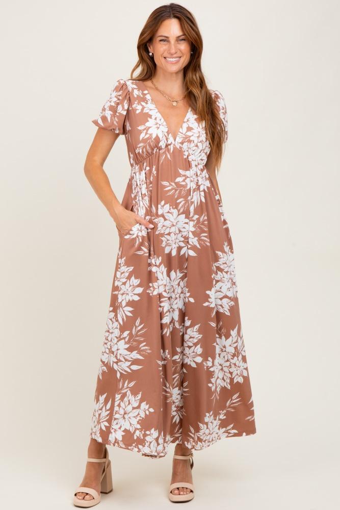 mocha floral print short sleeve v-neck maxi dress