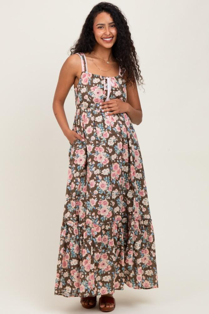 mocha floral ruffle detail maternity maxi dress
