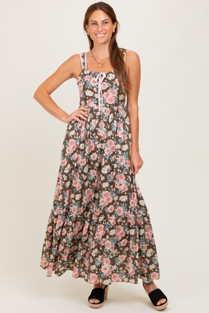 mocha floral ruffle detail maxi dress