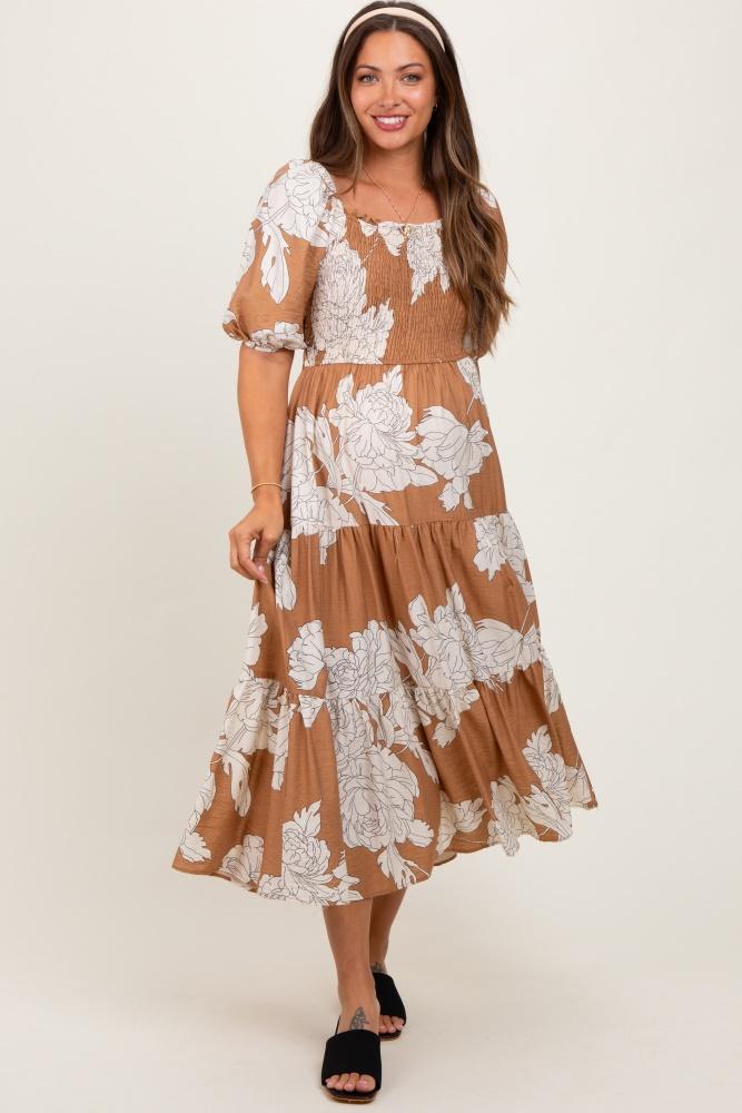 mocha floral smocked front tie cutout maternity maxi dress