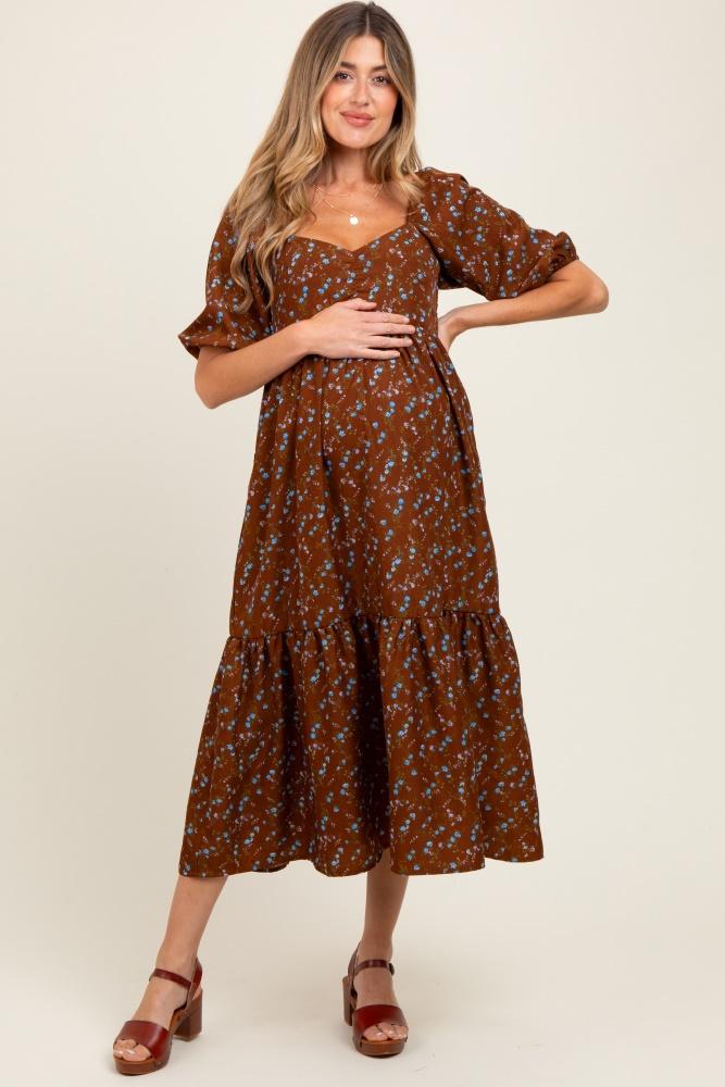 mocha floral sweetheart puff sleeve maternity midi dress