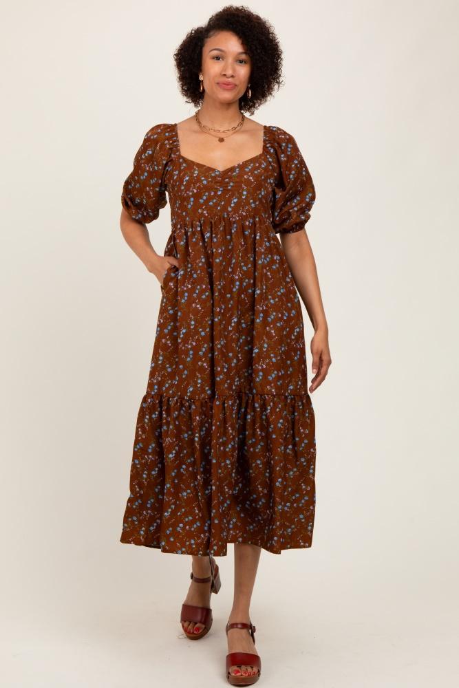 mocha floral sweetheart puff sleeve midi dress