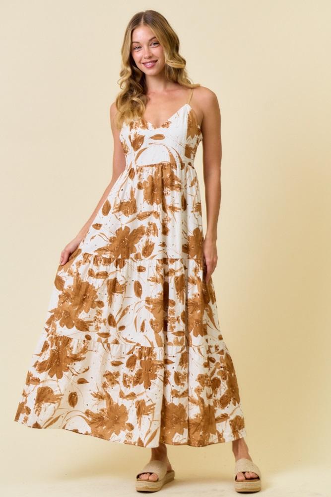 mocha floral tiered cutout tie back maxi dress