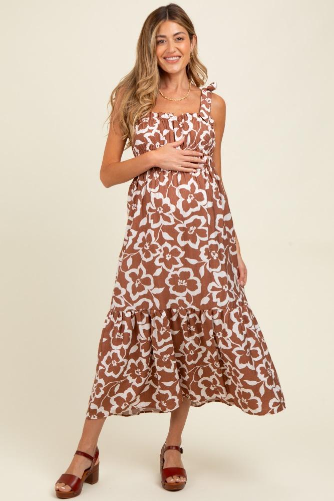 mocha floral tiered shoulder tie maternity midi dress