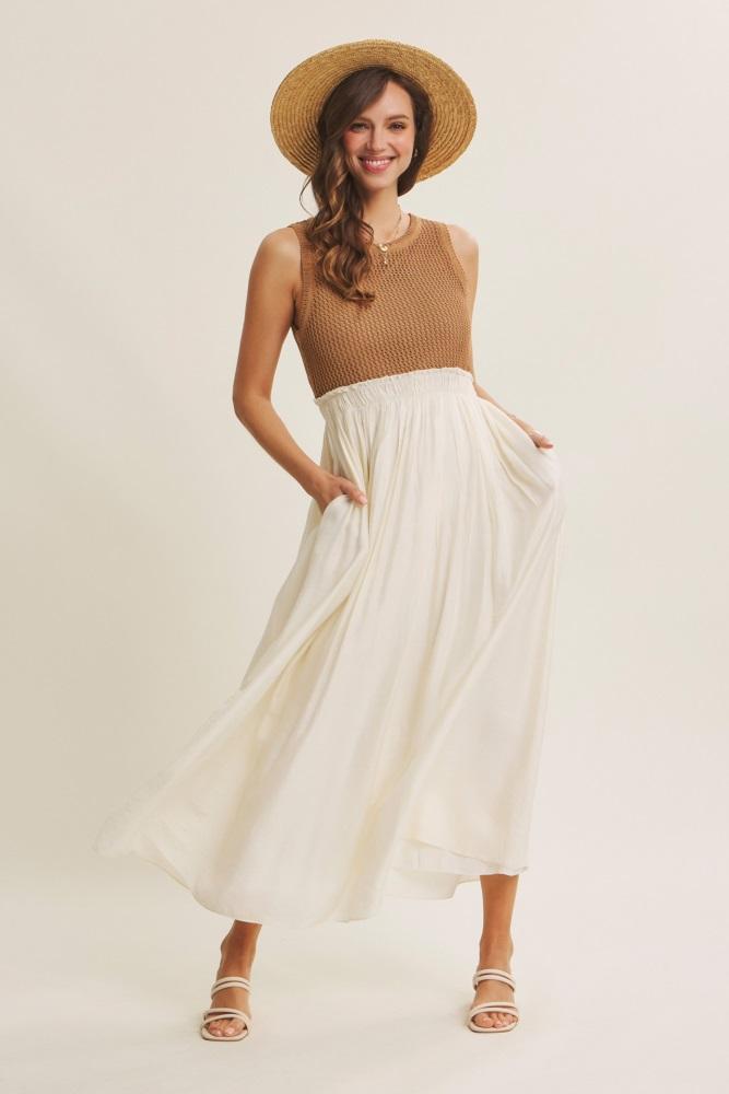 mocha knit bodice contrast skirt maxi dress