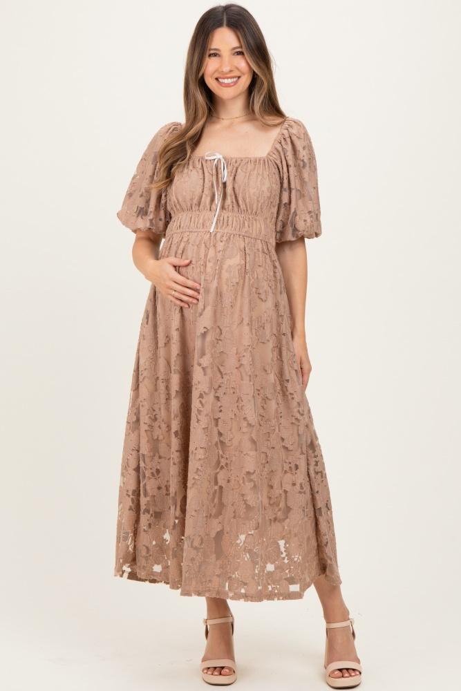 mocha lace puff sleeve maternity midi dress