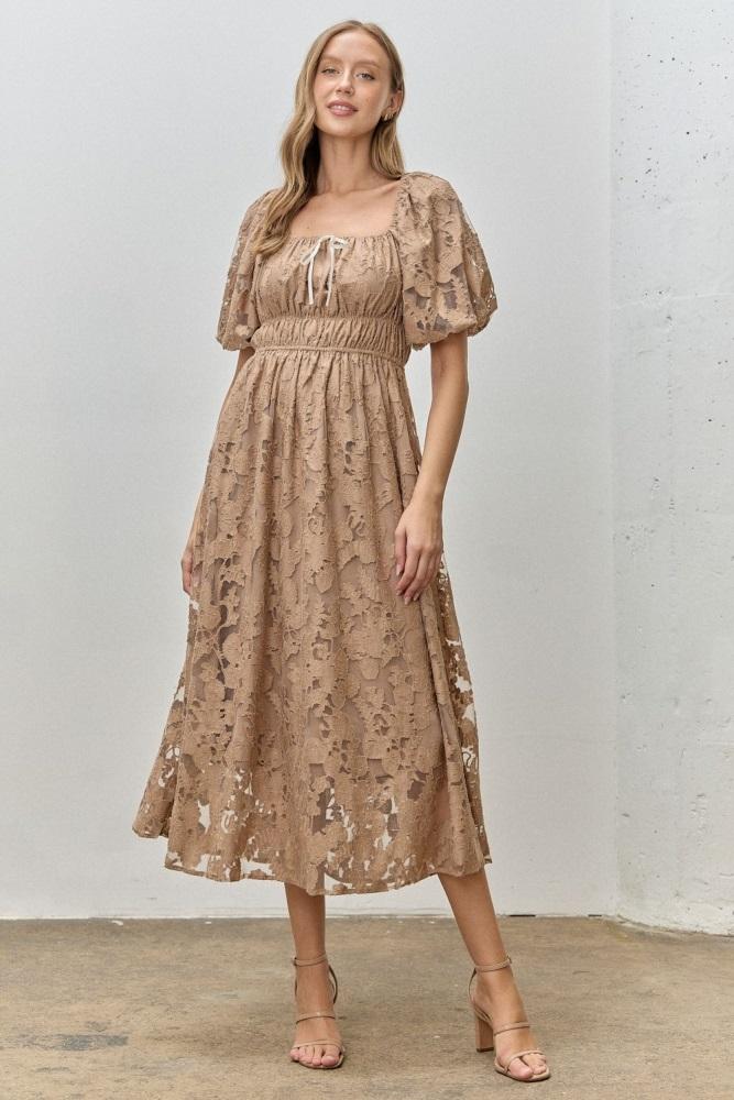 mocha lace puff sleeve midi dress
