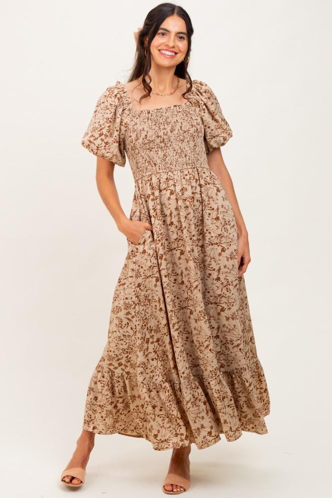 mocha leaf print smocked square neck puff sleeve maxi dress