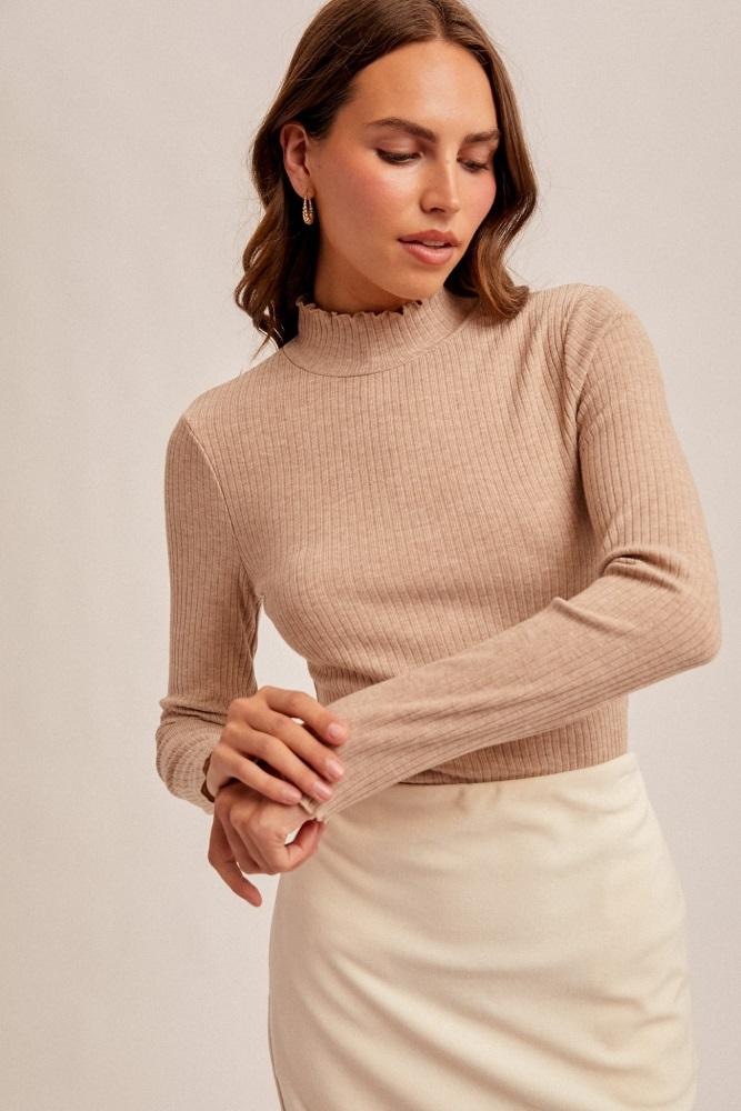 mocha lettuce edge mock neck long sleeve rib top