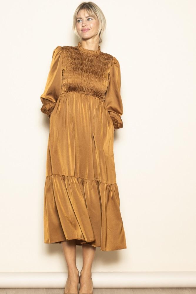 mocha mock neck satin smocked chest dress