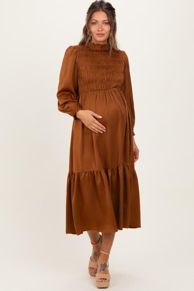 mocha mock neck satin smocked chest maternity dress