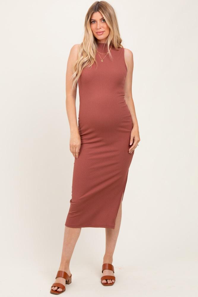 mocha mock neck side slit maternity midi dress