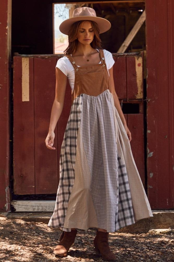 mocha multicolor colorblock plaid denim overall dress