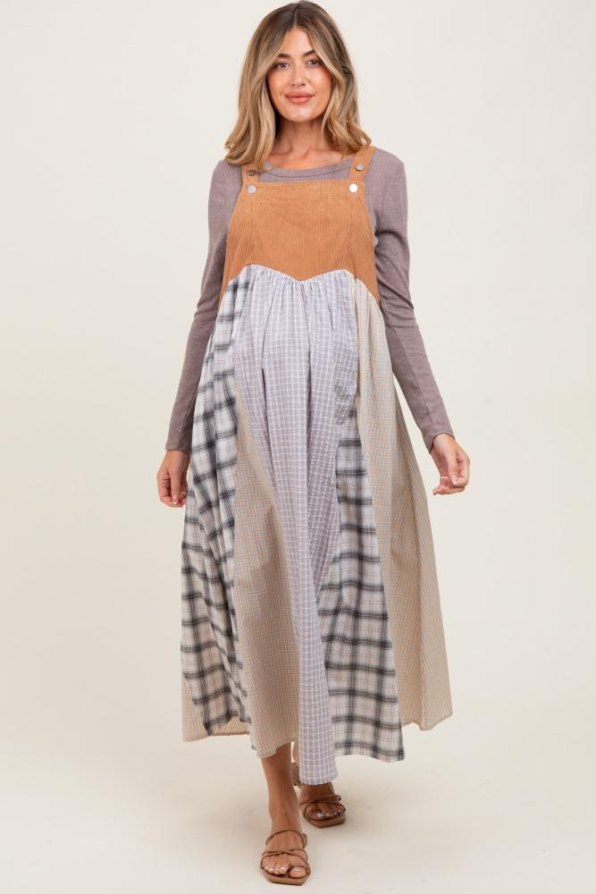 mocha multicolor colorblock plaid denim overall maternity dress