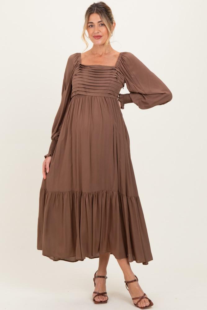mocha pleated bodice long sleeve maternity maxi dress