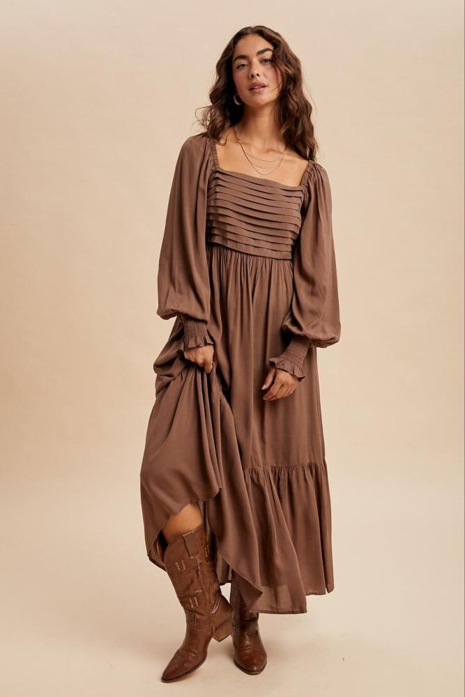 mocha pleated bodice long sleeve maxi dress