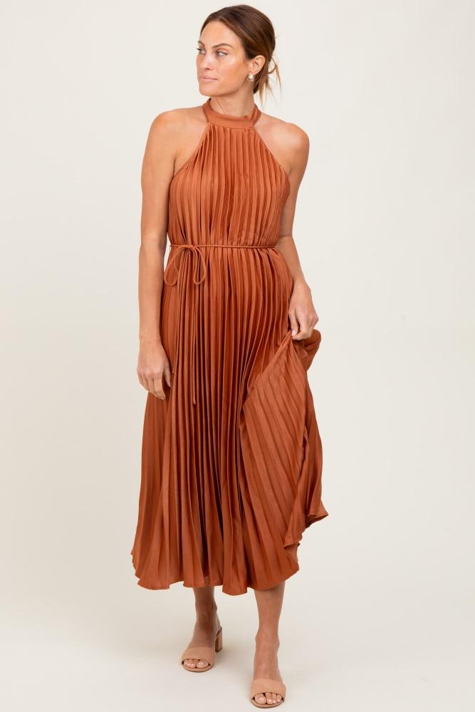 mocha pleated halter dress