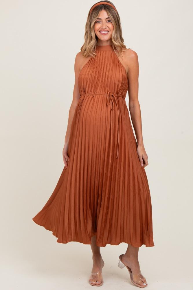 mocha pleated maternity halter dress