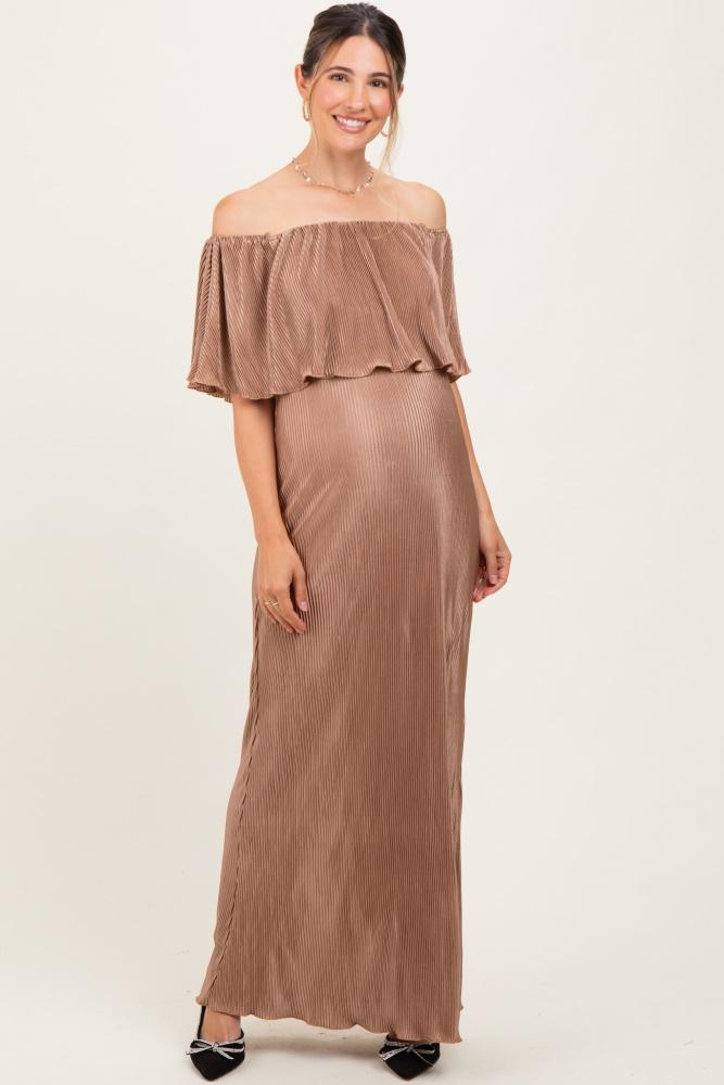mocha pleated ruffle off shoulder maternity maxi dress