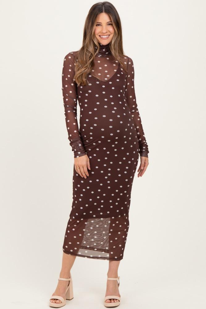 mocha polka dot mesh overlay maternity midi dress