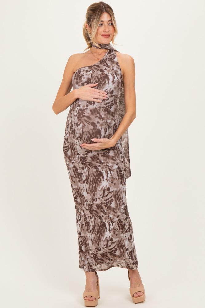 mocha printed halter maternity maxi dress
