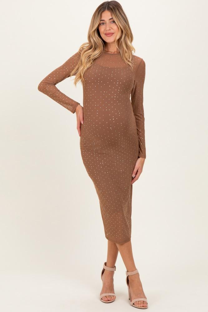 mocha rhinestone mesh long sleeve maternity midi dress