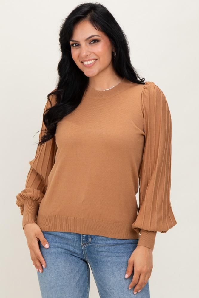 mocha ribbed bubble sleeve knit top