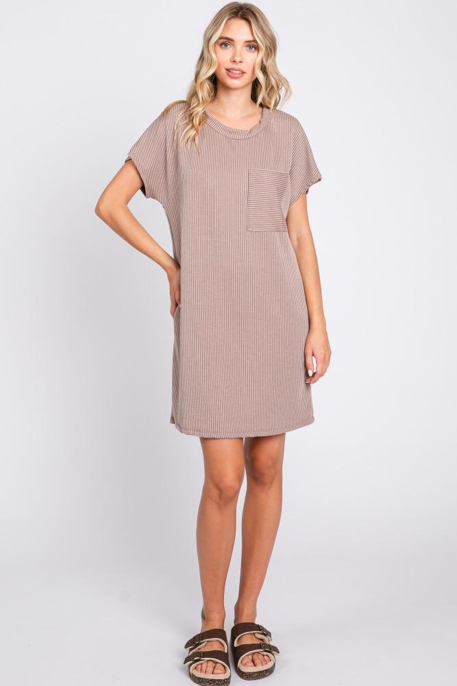 mocha ribbed front pocket dolman short sleeve dress