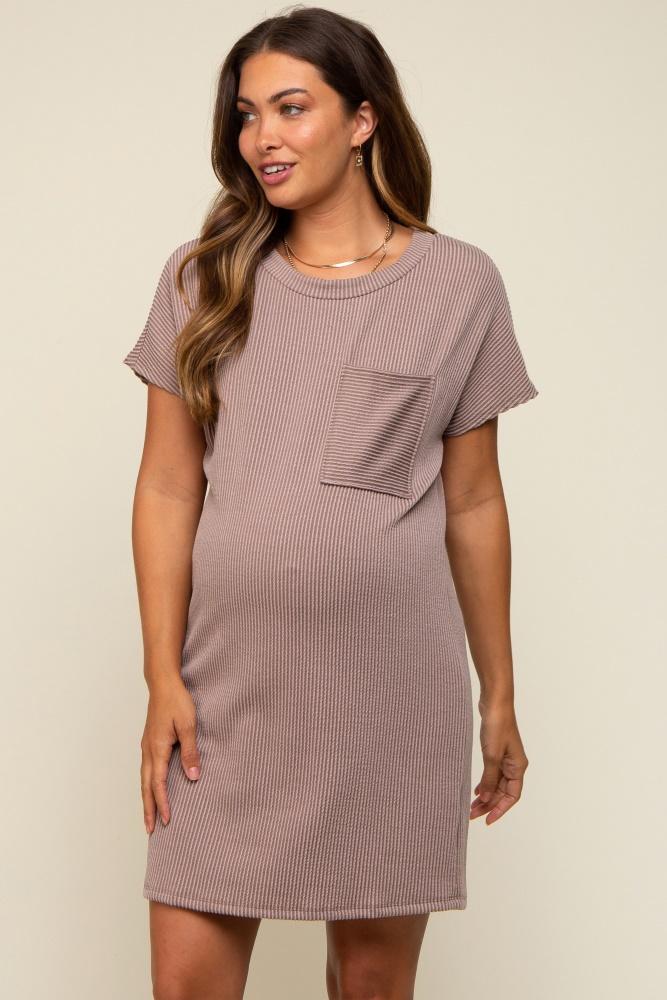 mocha ribbed front pocket dolman short sleeve maternity dress
