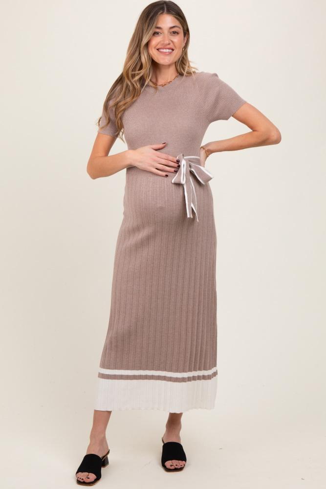 mocha ribbed knit pleated maternity midi dress