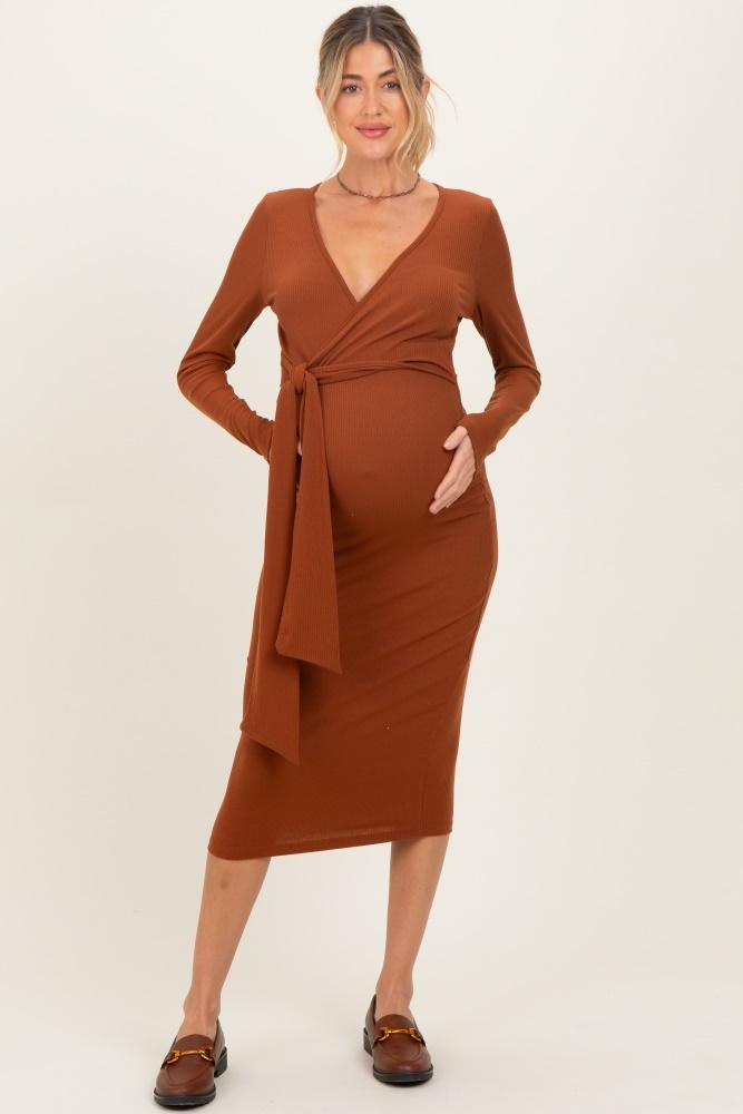 mocha ribbed long sleeve maternity wrap dress