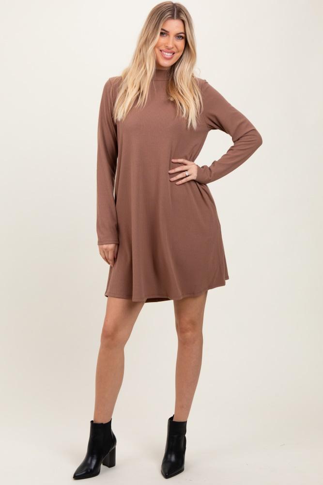 mocha ribbed mock neck long sleeve basic dress