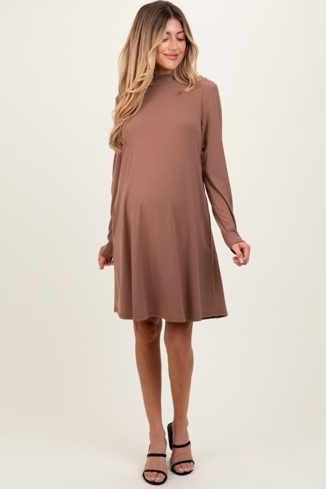 mocha ribbed mock neck long sleeve basic maternity dress