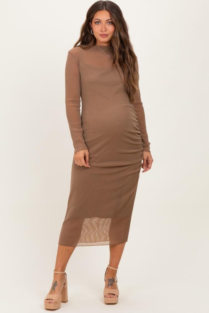 mocha shimmer mesh long sleeve ruched maternity midi dress