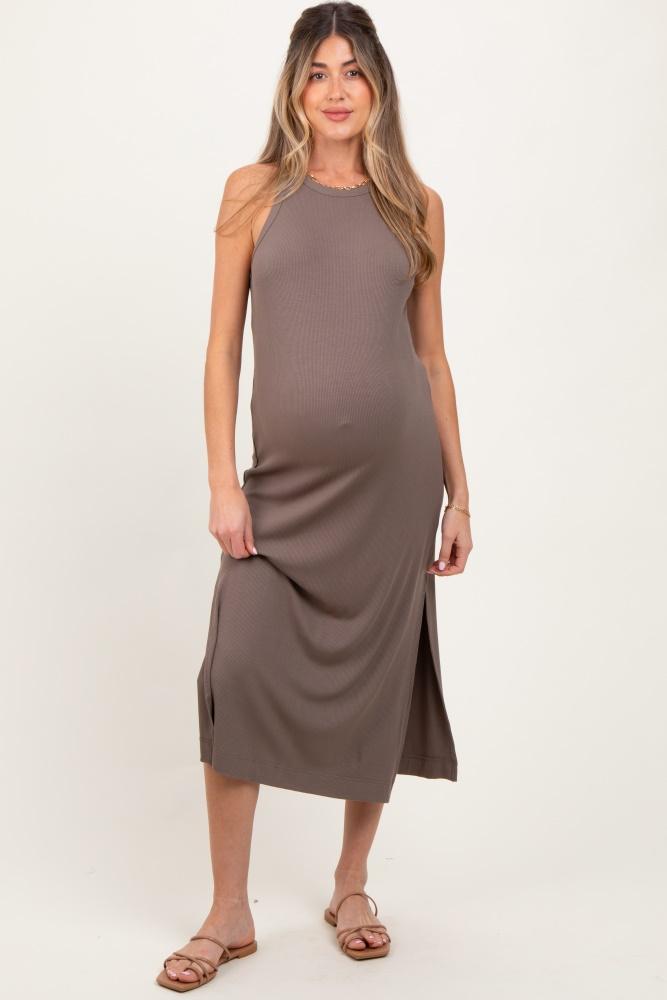 mocha sleeveless side slit maternity midi dress
