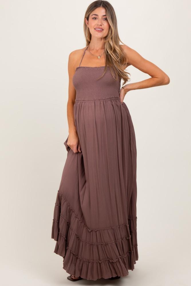 mocha smocked woven maternity maxi dress