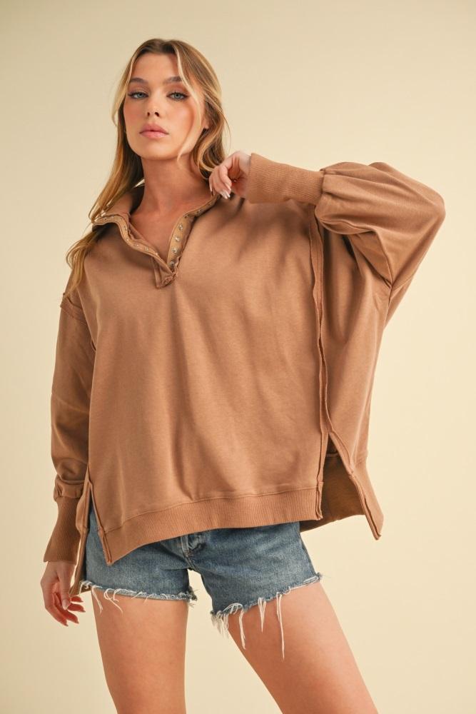 mocha snap button pullover henley sweatshirt